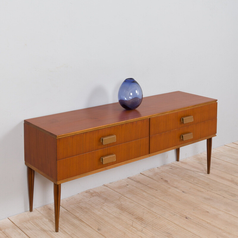 Italian mid century teak sideboard with 4 drawers and leather handles, 1960s