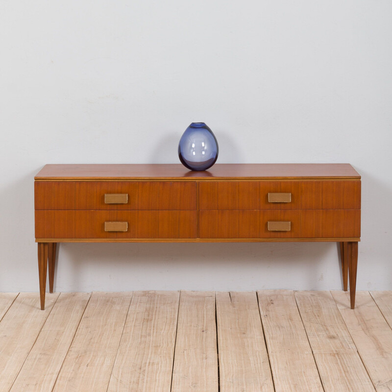 Italian mid century teak sideboard with 4 drawers and leather handles, 1960s