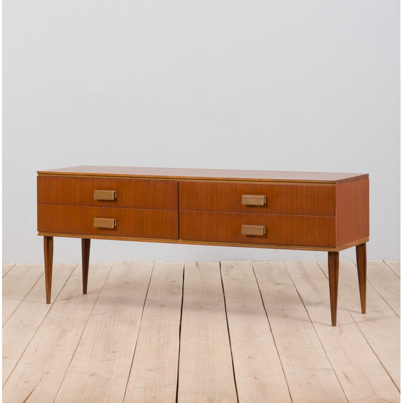 Italian mid century teak sideboard with 4 drawers and leather handles, 1960s