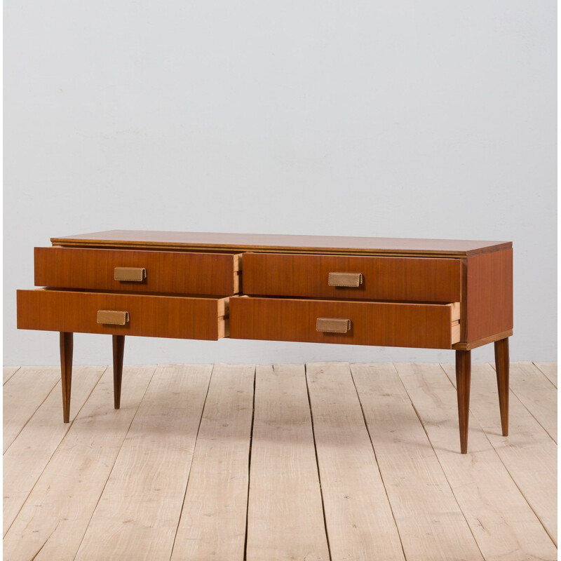 Italian mid century teak sideboard with 4 drawers and leather handles, 1960s