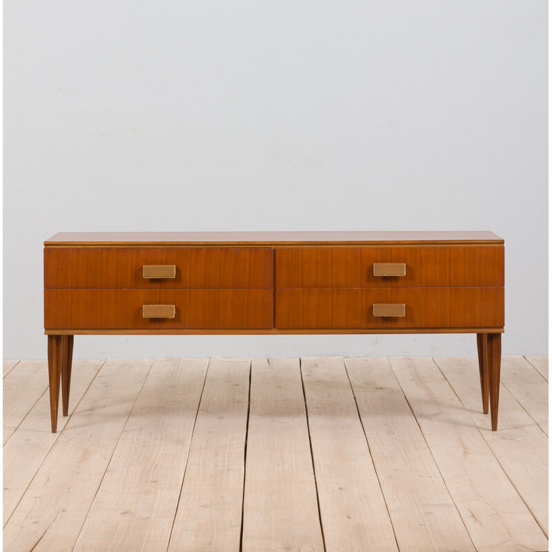 Italian mid century teak sideboard with 4 drawers and leather handles, 1960s