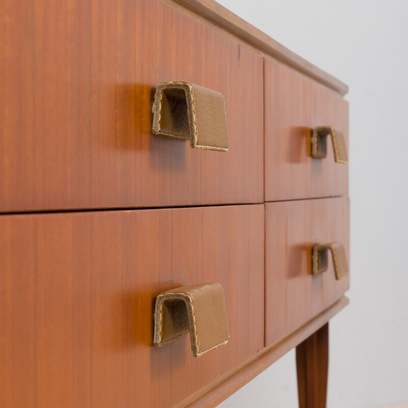 Italian mid century teak sideboard with 4 drawers and leather handles, 1960s