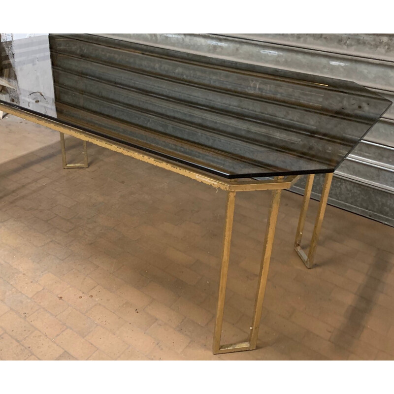 Vintage brass and smoked glass dining table, France 1970s