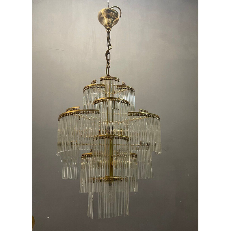 Araña italiana vintage de latón con vástago de cristal de Murano