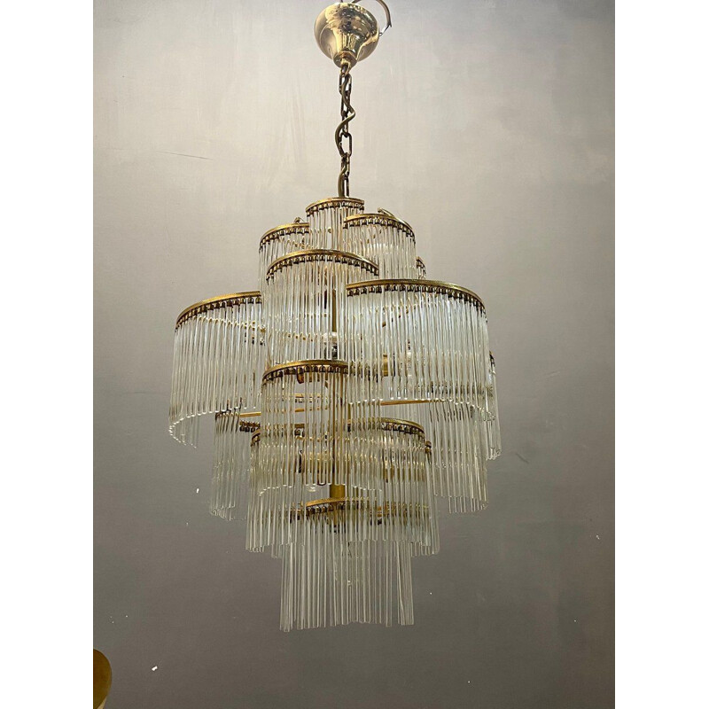 Araña italiana vintage de latón con vástago de cristal de Murano