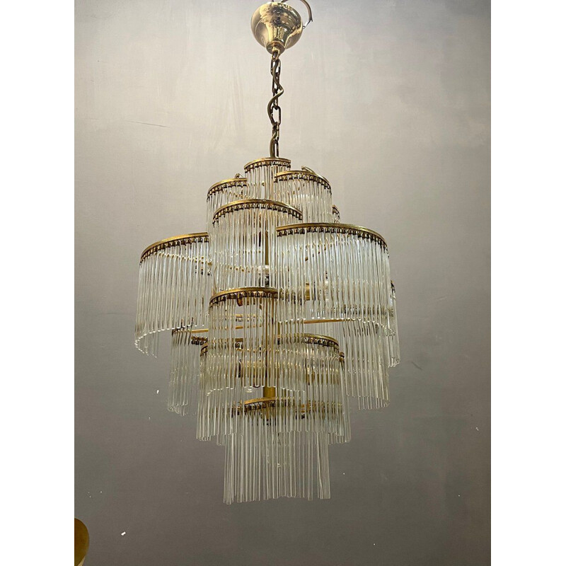 Italian vintage Murano glass rod & brass chandelier