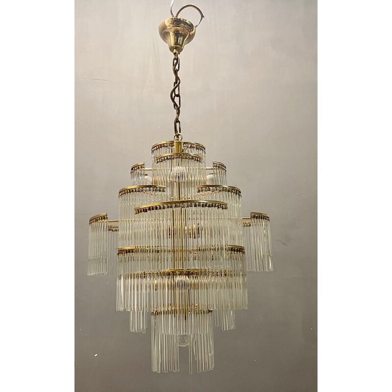 Italian vintage Murano glass rod & brass chandelier