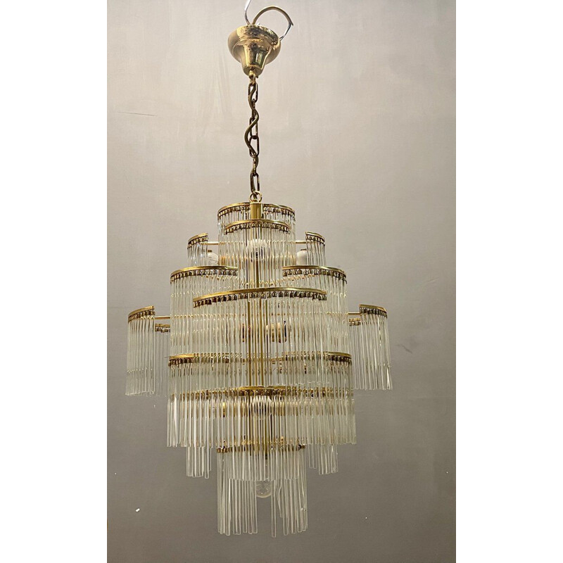 Lustre vintage italien en laiton et tige en verre de Murano