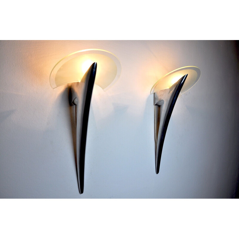 Pair of vintage Metalarte sconces in metal and glass, Spain 1980