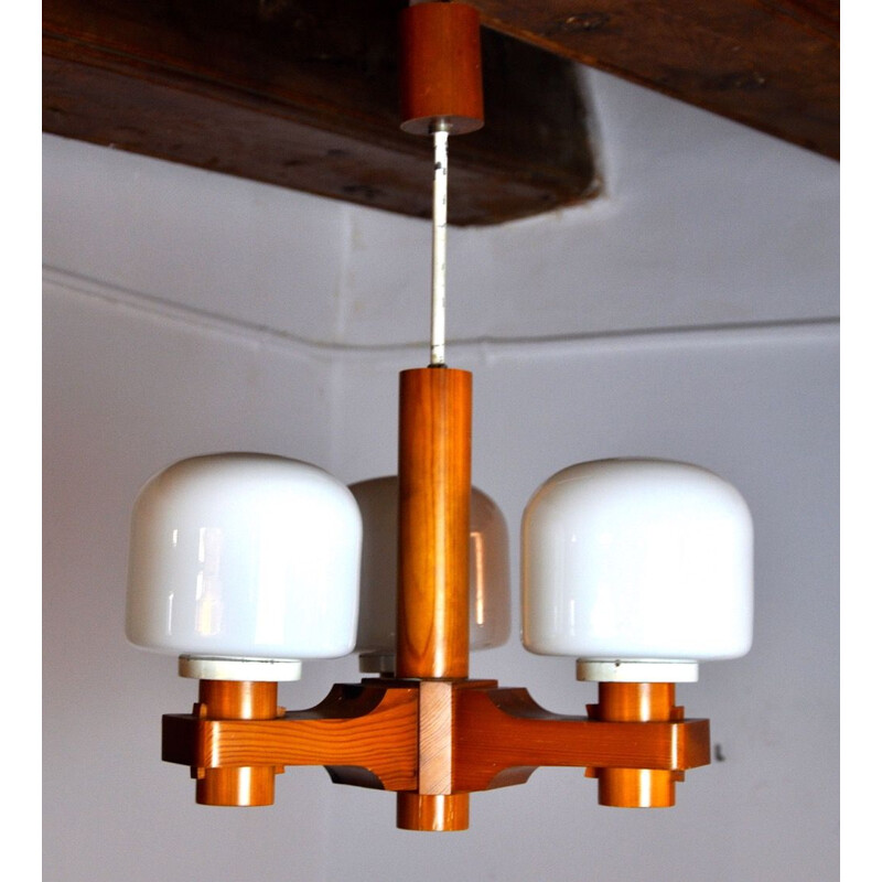 Vintage Nordic chandelier in wood and opaline, Denmark 1970