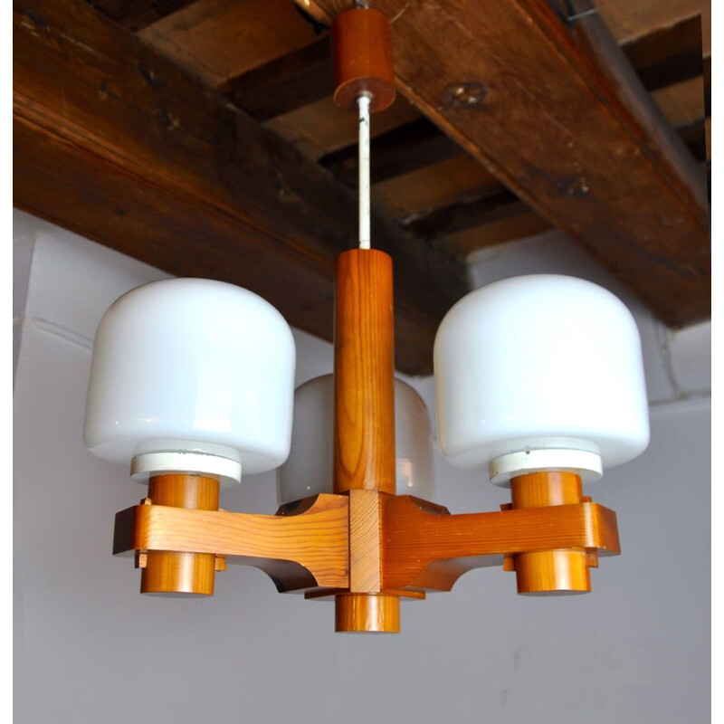 Vintage Nordic chandelier in wood and opaline, Denmark 1970