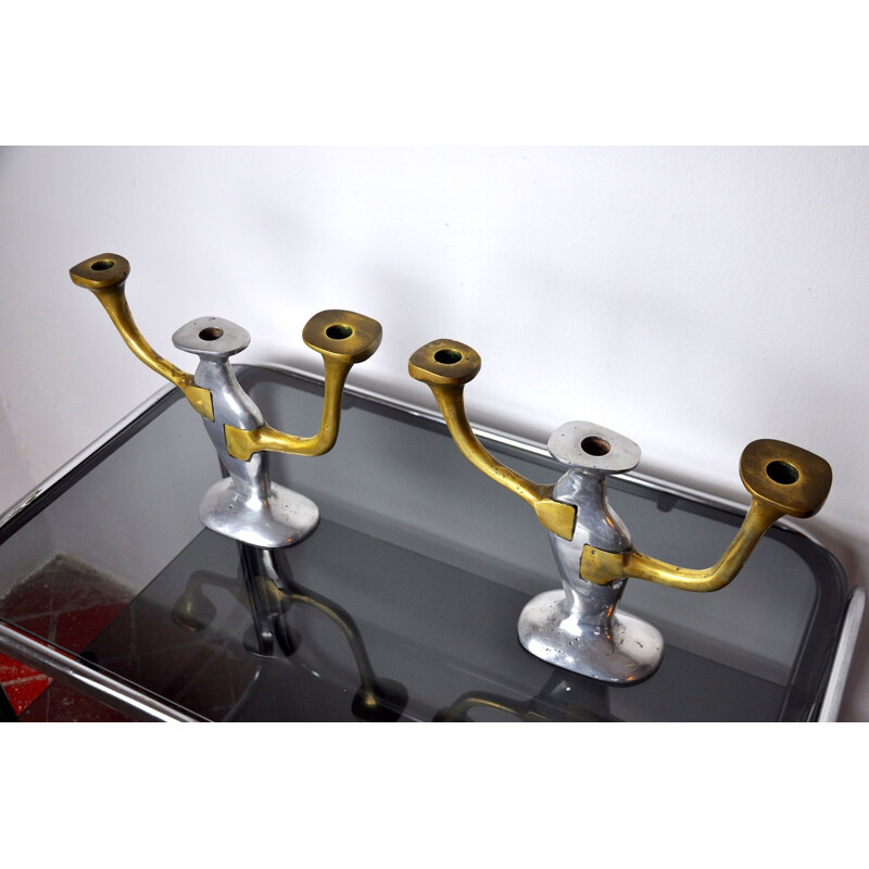 Pair of vintage Brutalist candleholders by David Marshall, Spain 1980