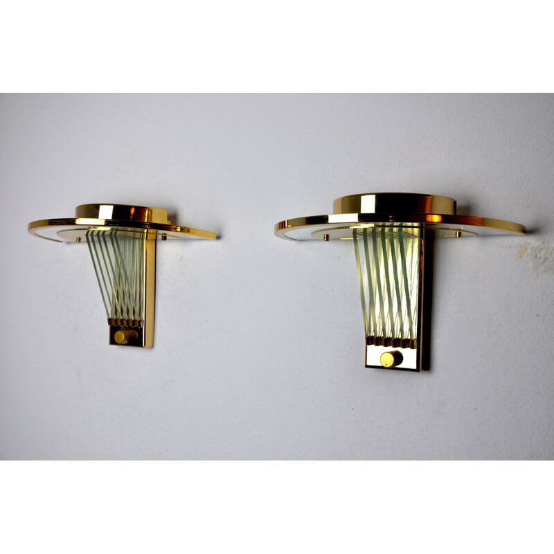 Pair of vintage Regency wall lamps in brass and cut crystals, Italy 1970