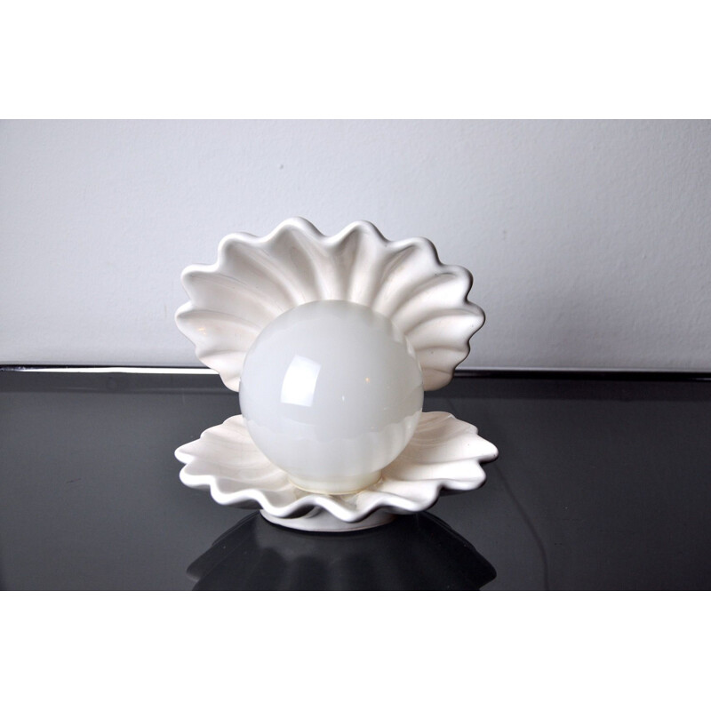 Vintage shell lamp in ceramic and opaline, France 1970