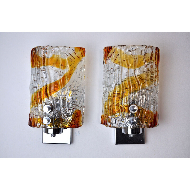 Pair of vintage Mazzega wall lamps in two-tone Murano glass, Italy 1970
