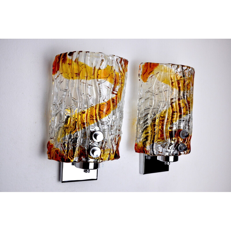 Pair of vintage Mazzega wall lamps in two-tone Murano glass, Italy 1970