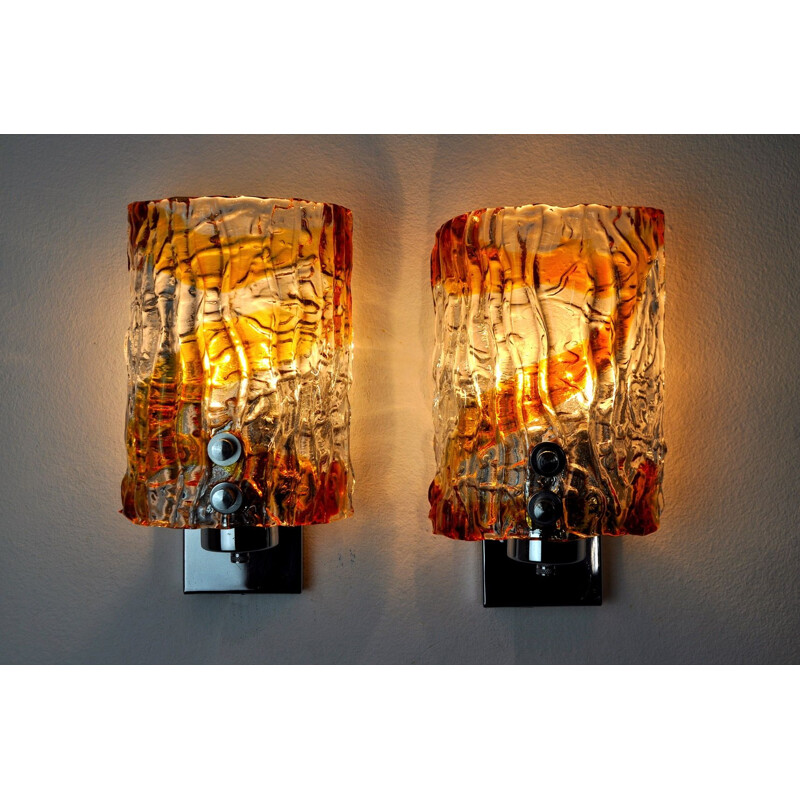 Pair of vintage Mazzega wall lamps in two-tone Murano glass, Italy 1970