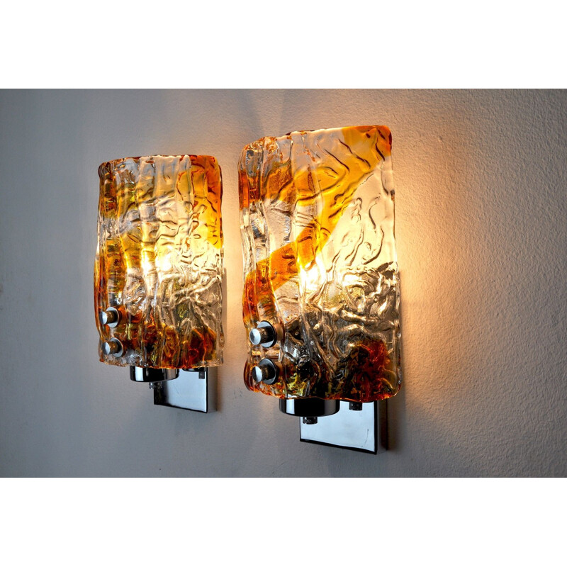 Pair of vintage Mazzega wall lamps in two-tone Murano glass, Italy 1970