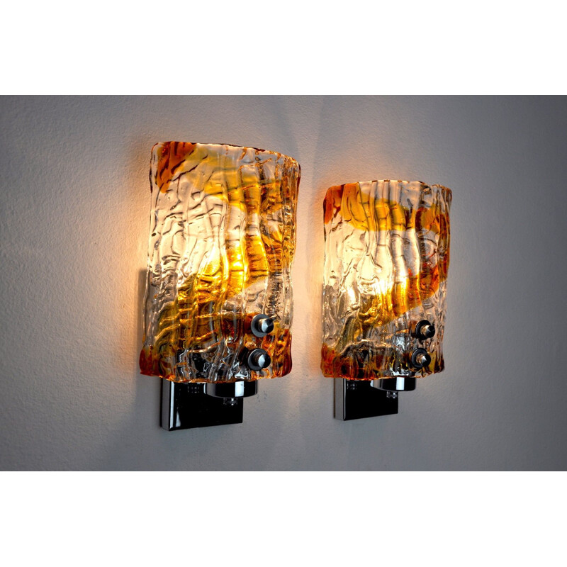 Pair of vintage Mazzega wall lamps in two-tone Murano glass, Italy 1970