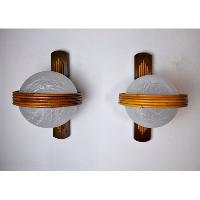 Pair of vintage wall lamps in bamboo and crystal, France 1970