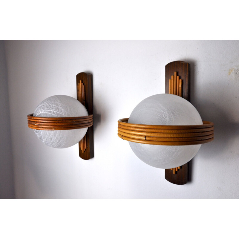 Pair of vintage wall lamps in bamboo and crystal, France 1970