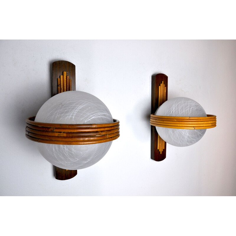 Pair of vintage wall lamps in bamboo and crystal, France 1970