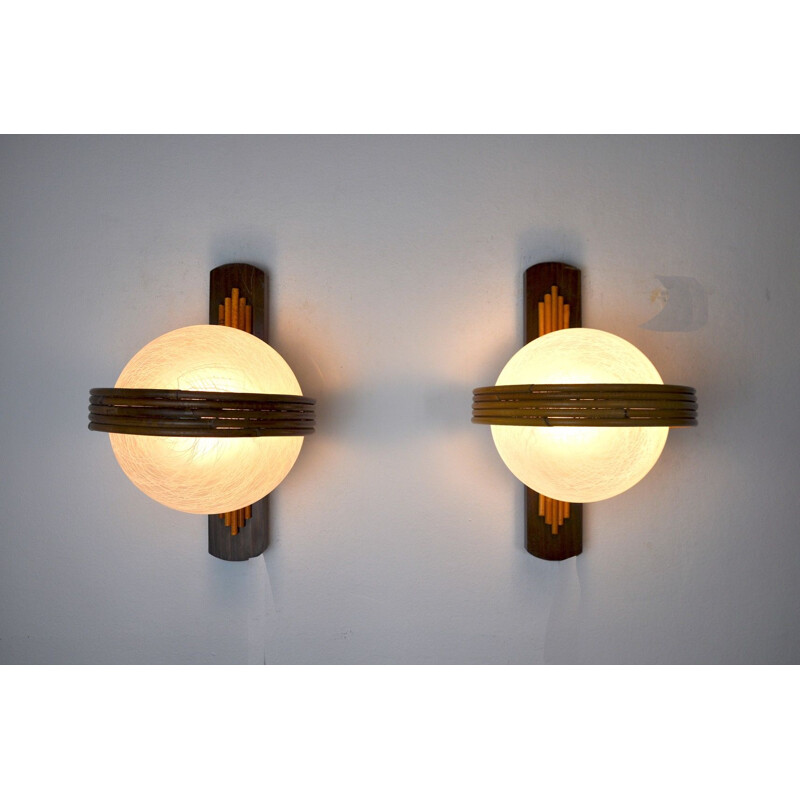 Pair of vintage wall lamps in bamboo and crystal, France 1970