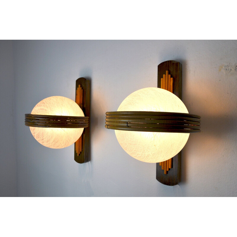 Pair of vintage wall lamps in bamboo and crystal, France 1970