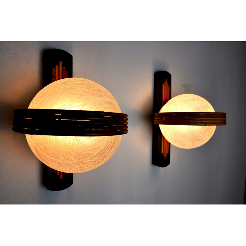 Pair of vintage wall lamps in bamboo and crystal, France 1970