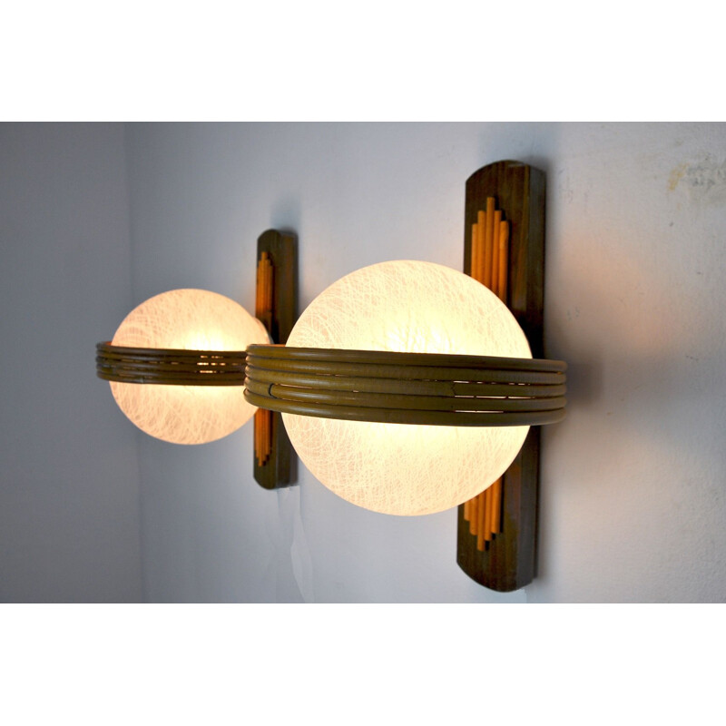 Pair of vintage wall lamps in bamboo and crystal, France 1970