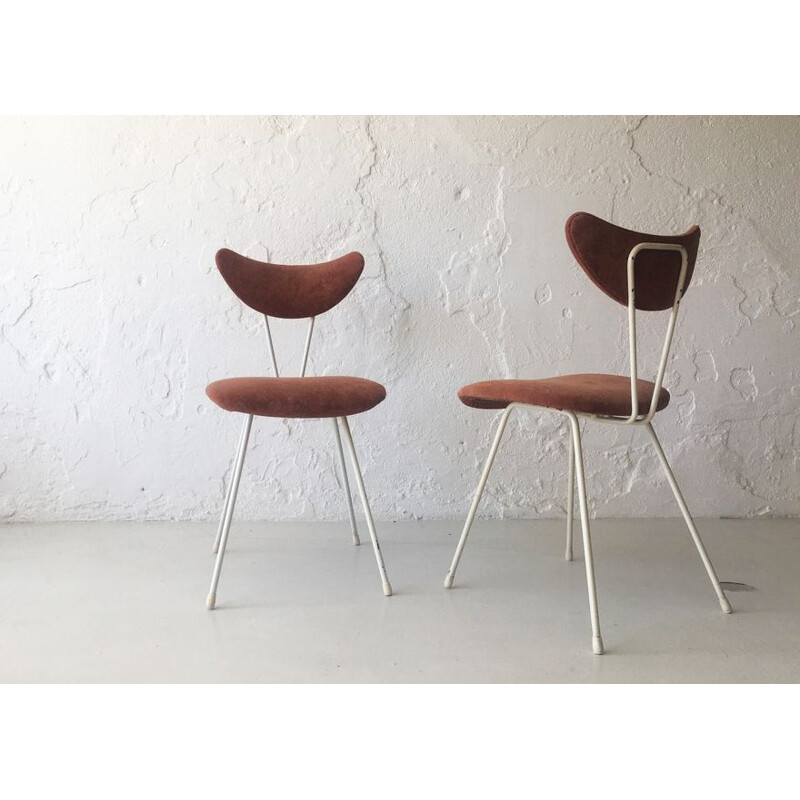 Pair of vintage velvet and white lacquered metal chairs, 1950s