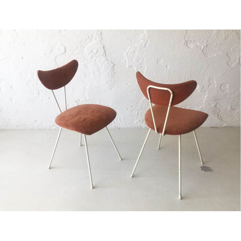 Pair of vintage velvet and white lacquered metal chairs, 1950s