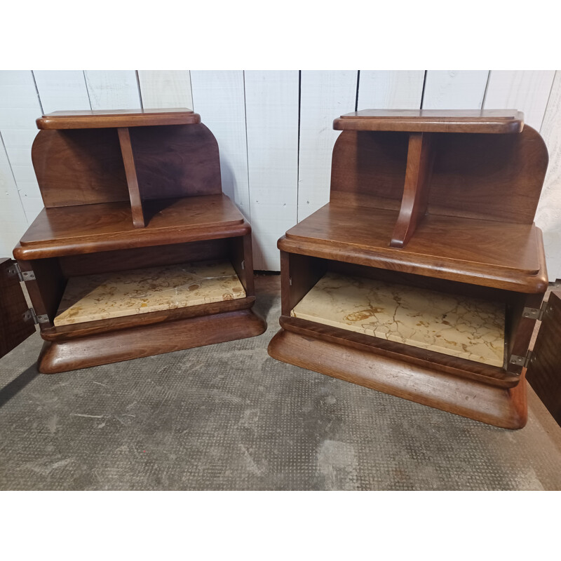 Pair of vintage Art Deco night stands in solid walnut and marble