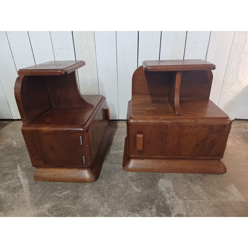 Pair of vintage Art Deco night stands in solid walnut and marble