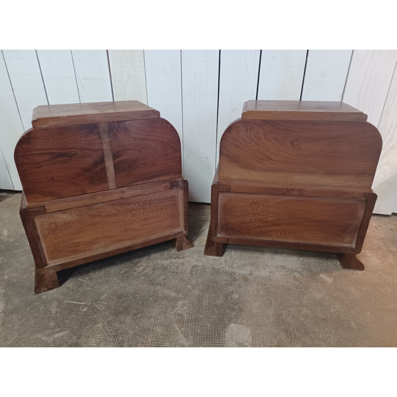 Pair of vintage Art Deco night stands in solid walnut and marble