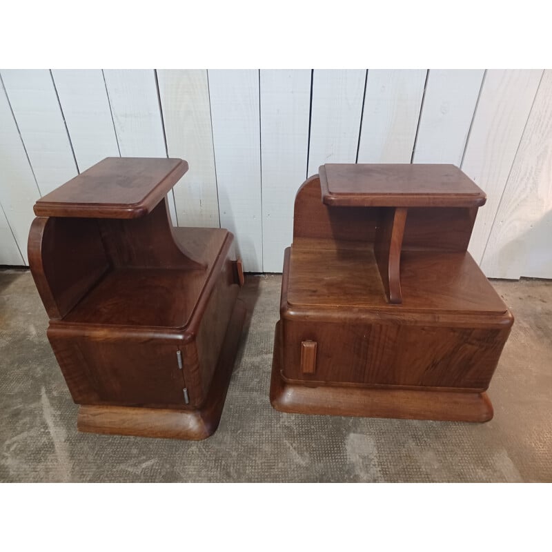 Pair of vintage Art Deco night stands in solid walnut and marble