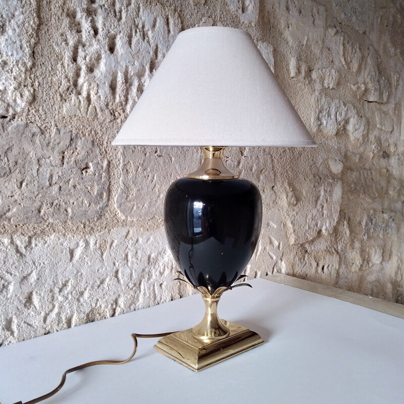 Vintage black ceramic and brass pineapple lamp, 1970