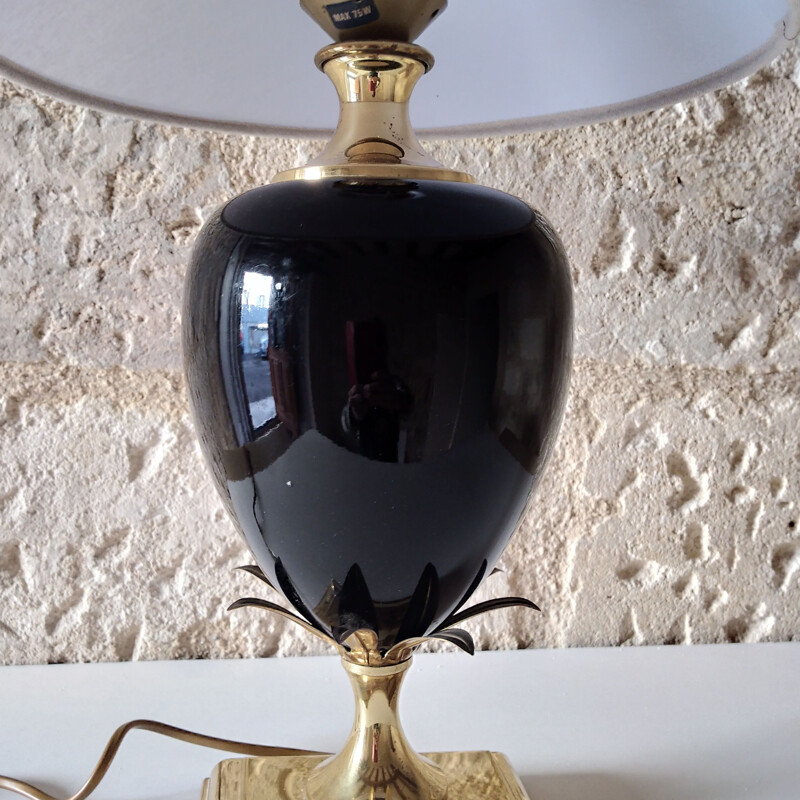 Vintage black ceramic and brass pineapple lamp, 1970