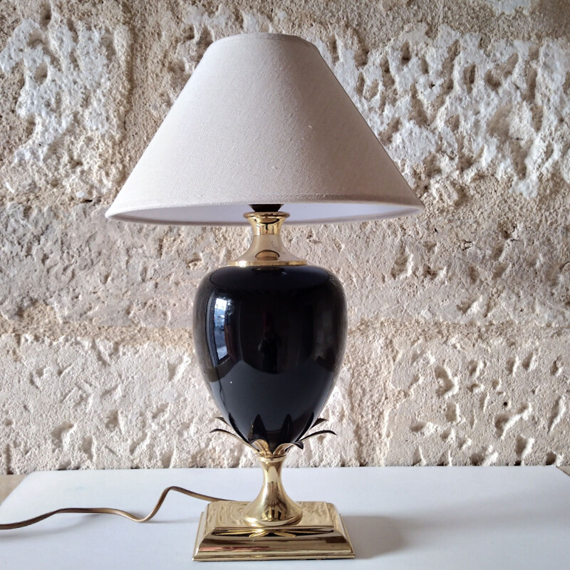 Lampada ananas vintage in ceramica nera e ottone, 1970