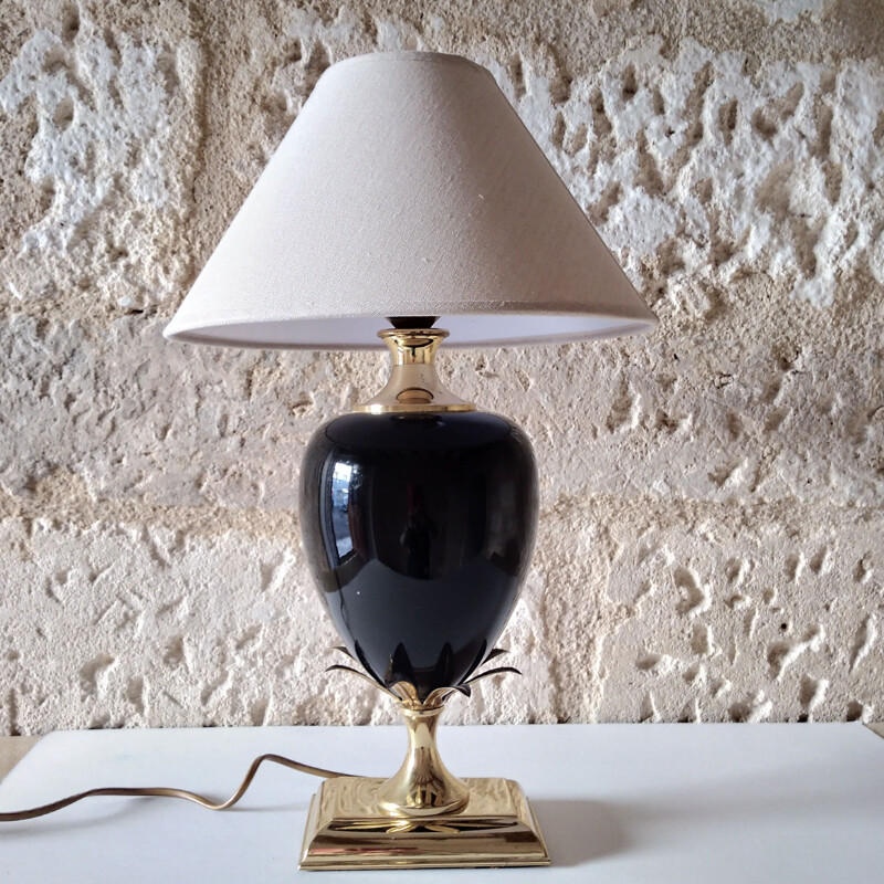 Lámpara vintage de piña en cerámica negra y latón, 1970