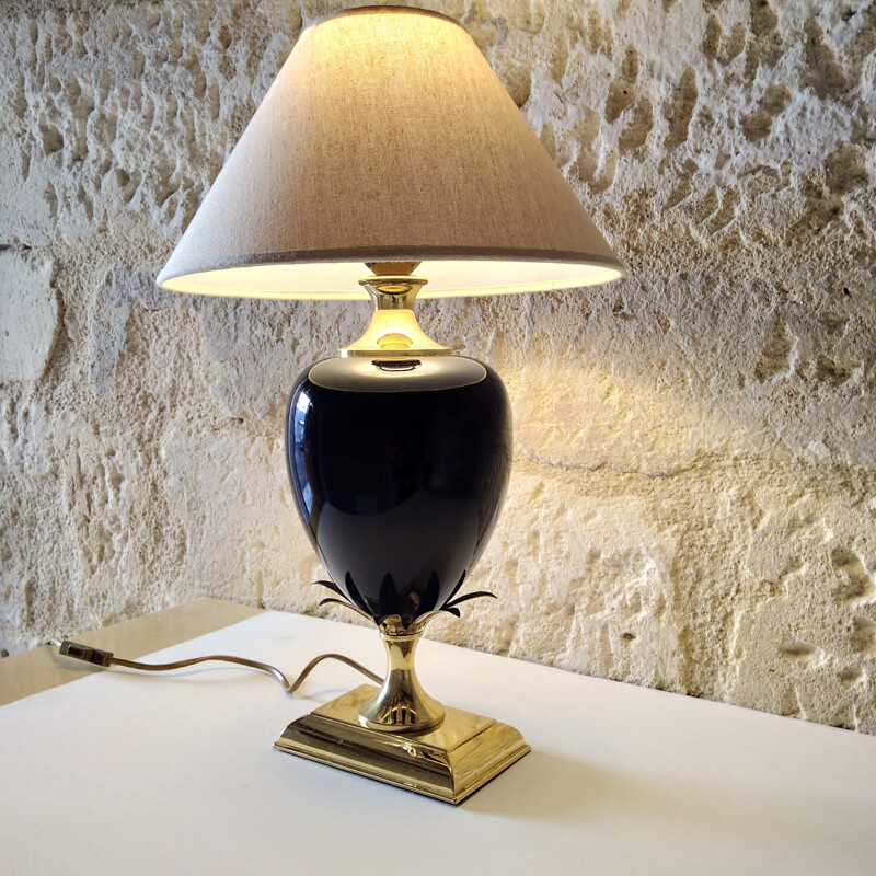 Lámpara vintage de piña en cerámica negra y latón, 1970