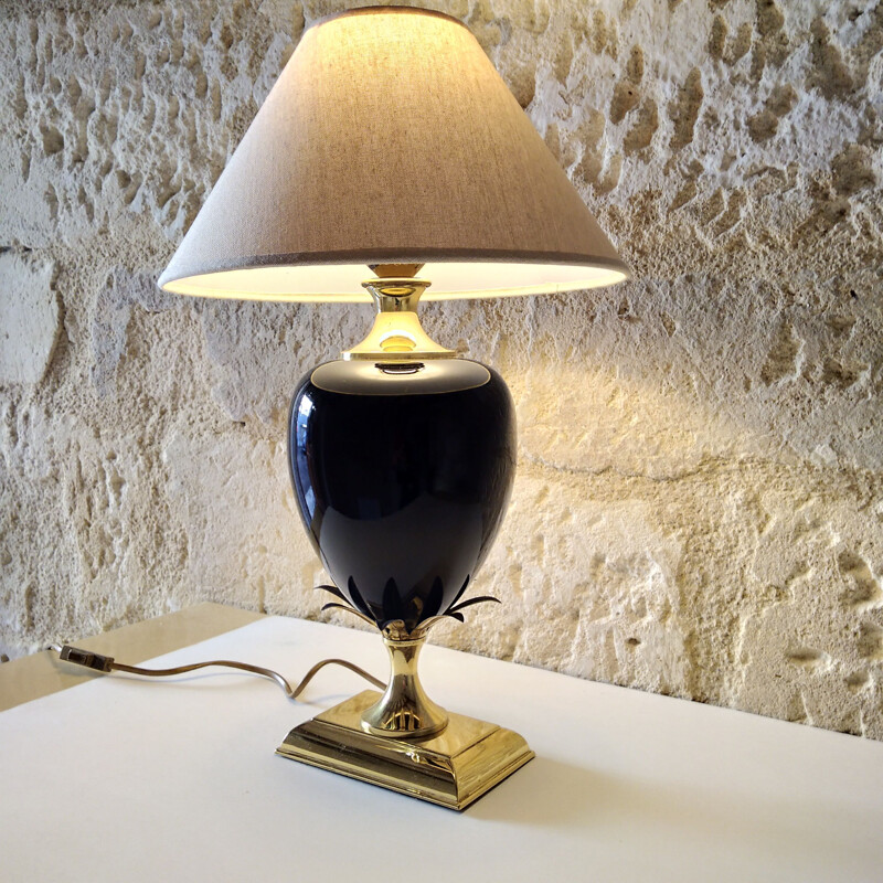 Vintage black ceramic and brass pineapple lamp, 1970