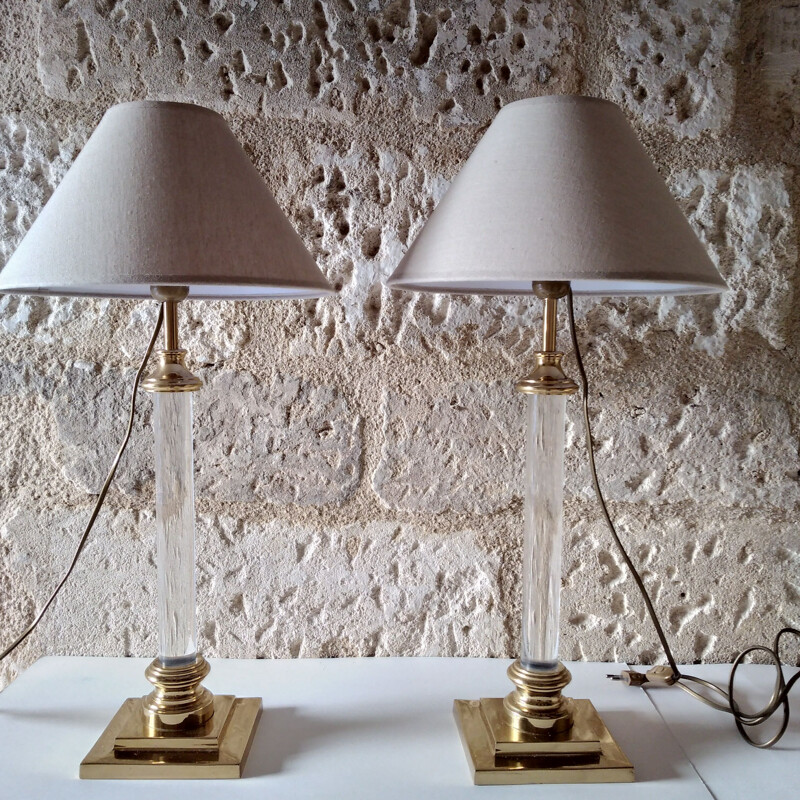 Pair of vintage lamps in altuglas and brass