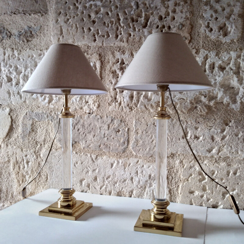 Pair of vintage lamps in altuglas and brass