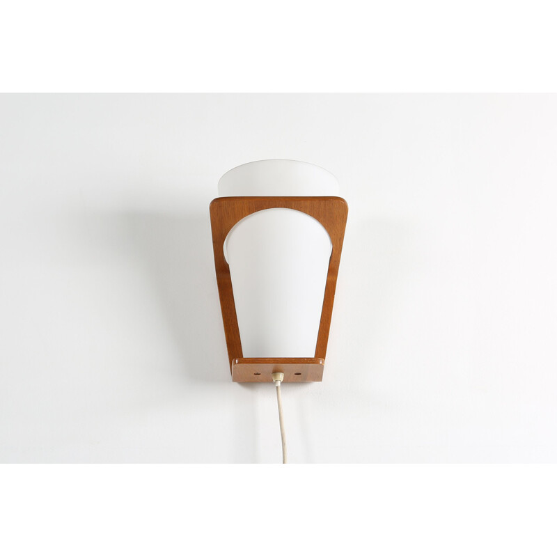 Vintage teak wall lamp with white opal glass, 1930