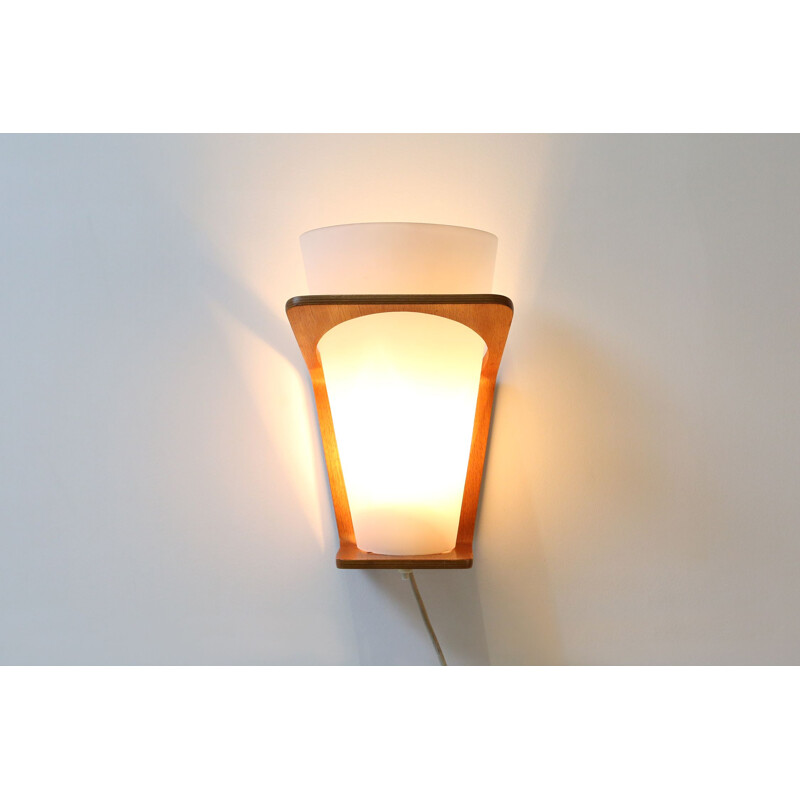 Vintage teak wall lamp with white opal glass, 1930