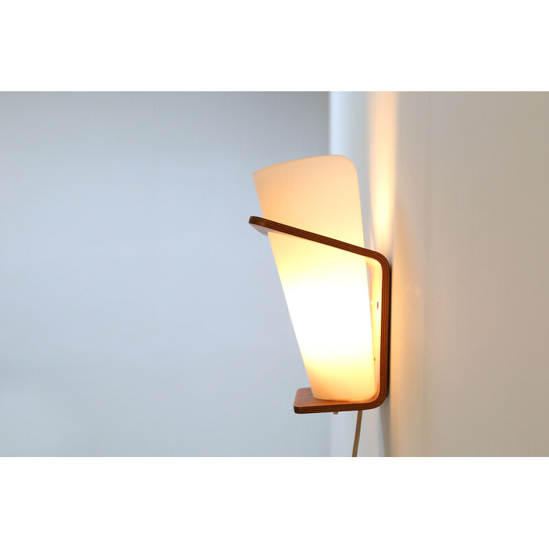 Vintage teak wall lamp with white opal glass, 1930