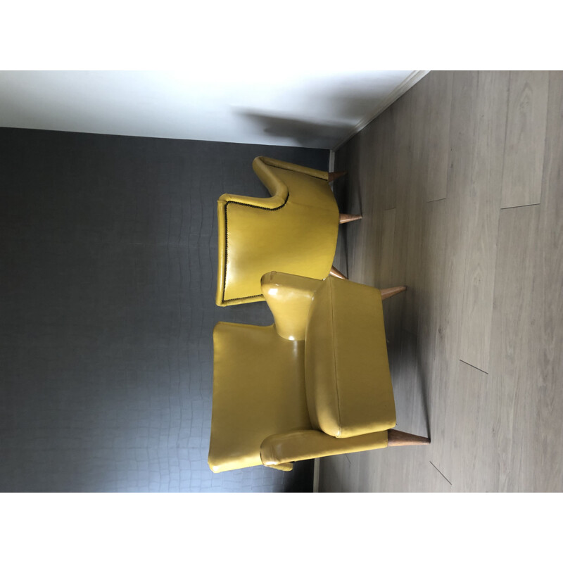 Pair of vintage armchairs in yellow skai by Ramos