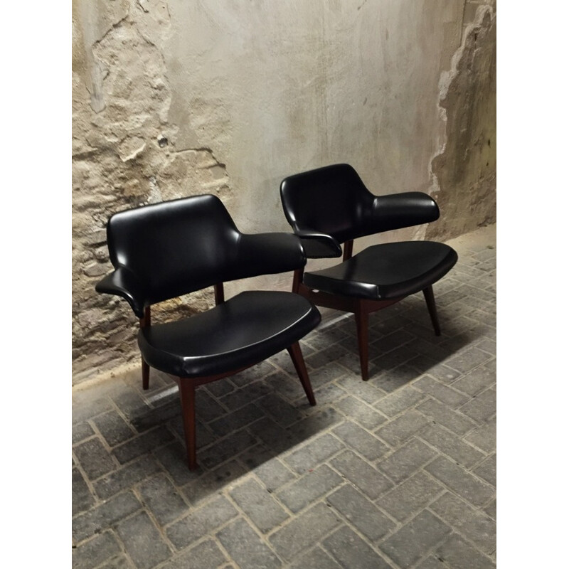 Set of Wébé armchairs in teak and black leatherette, Louis VAN TEEFFELEN - 1960s