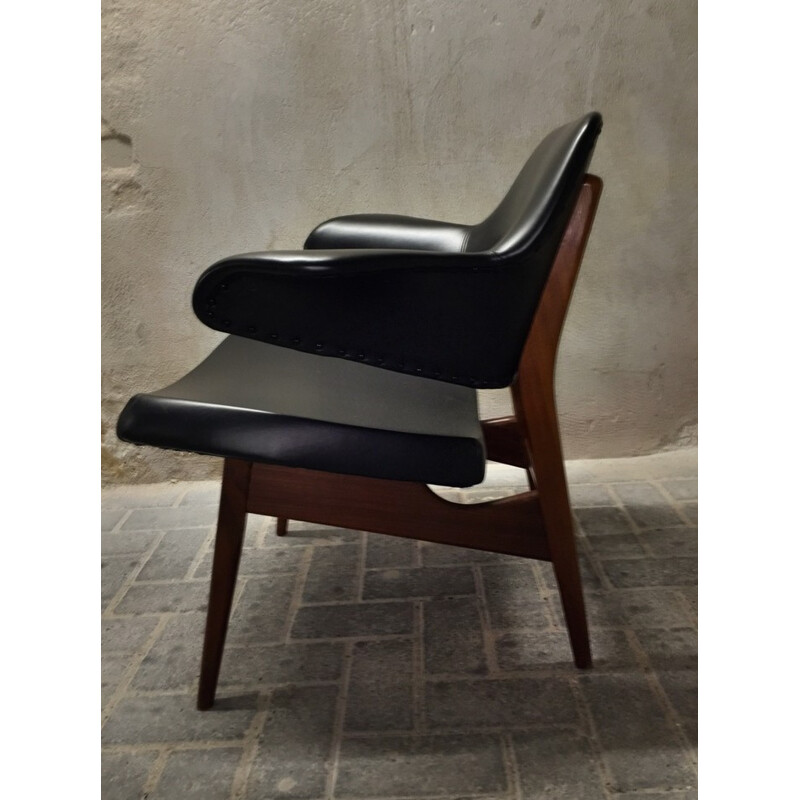 Set of Wébé armchairs in teak and black leatherette, Louis VAN TEEFFELEN - 1960s